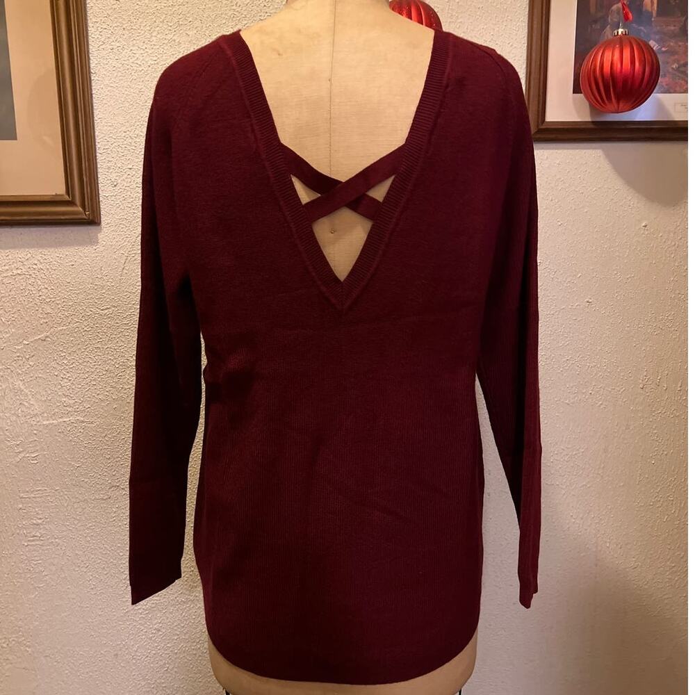 Long Sleeve Boat Neck Criss Cross Back Sweater Wine Red NWT Size M - Picture 4 of 8